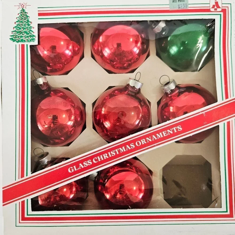 Vintage 1960's Essex Franke Red Ball Glass Christmas Ornament Set of 8 In Box